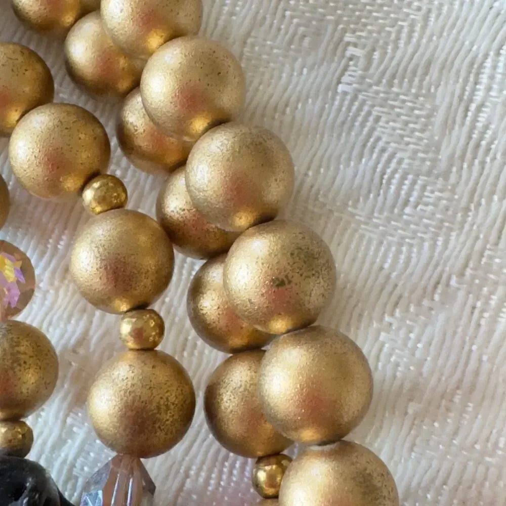 Vintage Earring & Multi Strand Necklace Set Gold & Black Beaded 1950s Japan
